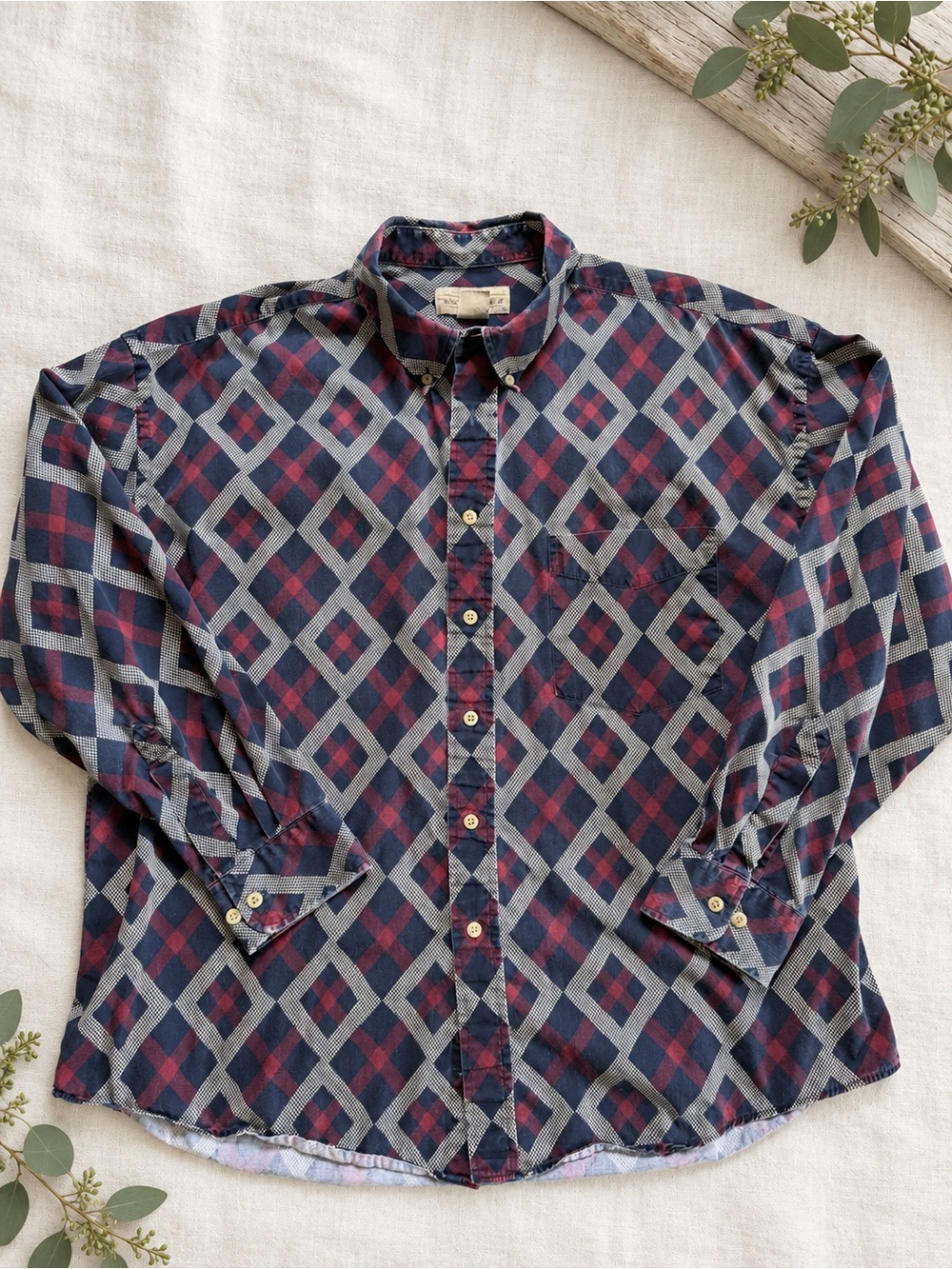 Vintage Natural Issue Men’s XL Geometric Plaid 100% Cotton Button Down Shirt